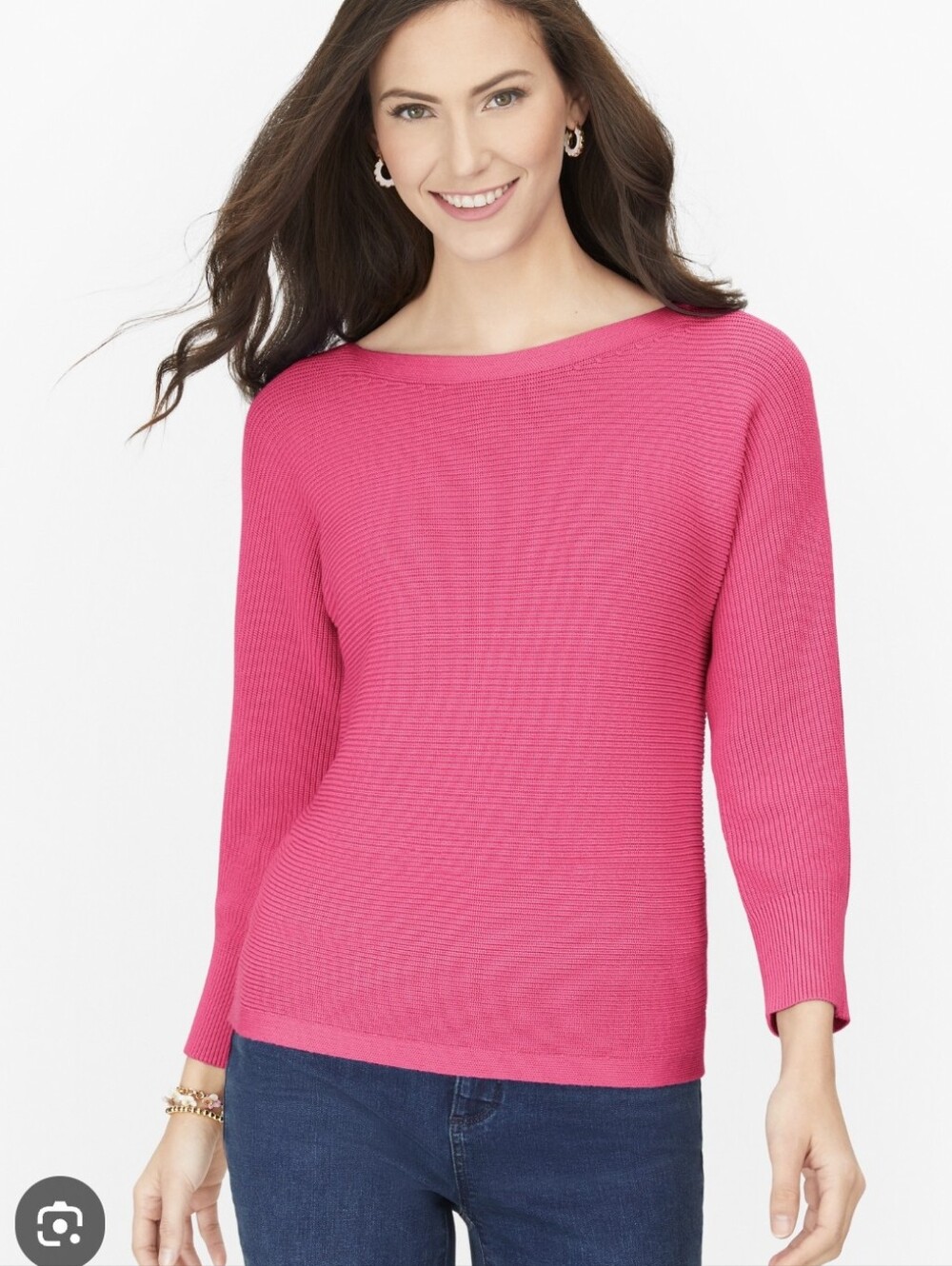 Talbots Bright Pink Ribbed Scoop Neck Sweater Naylon Lamb's Wool Sz M Soft Warm
